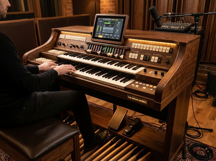 Organista tocando órgão eletrônico com drawbars e pedaleira