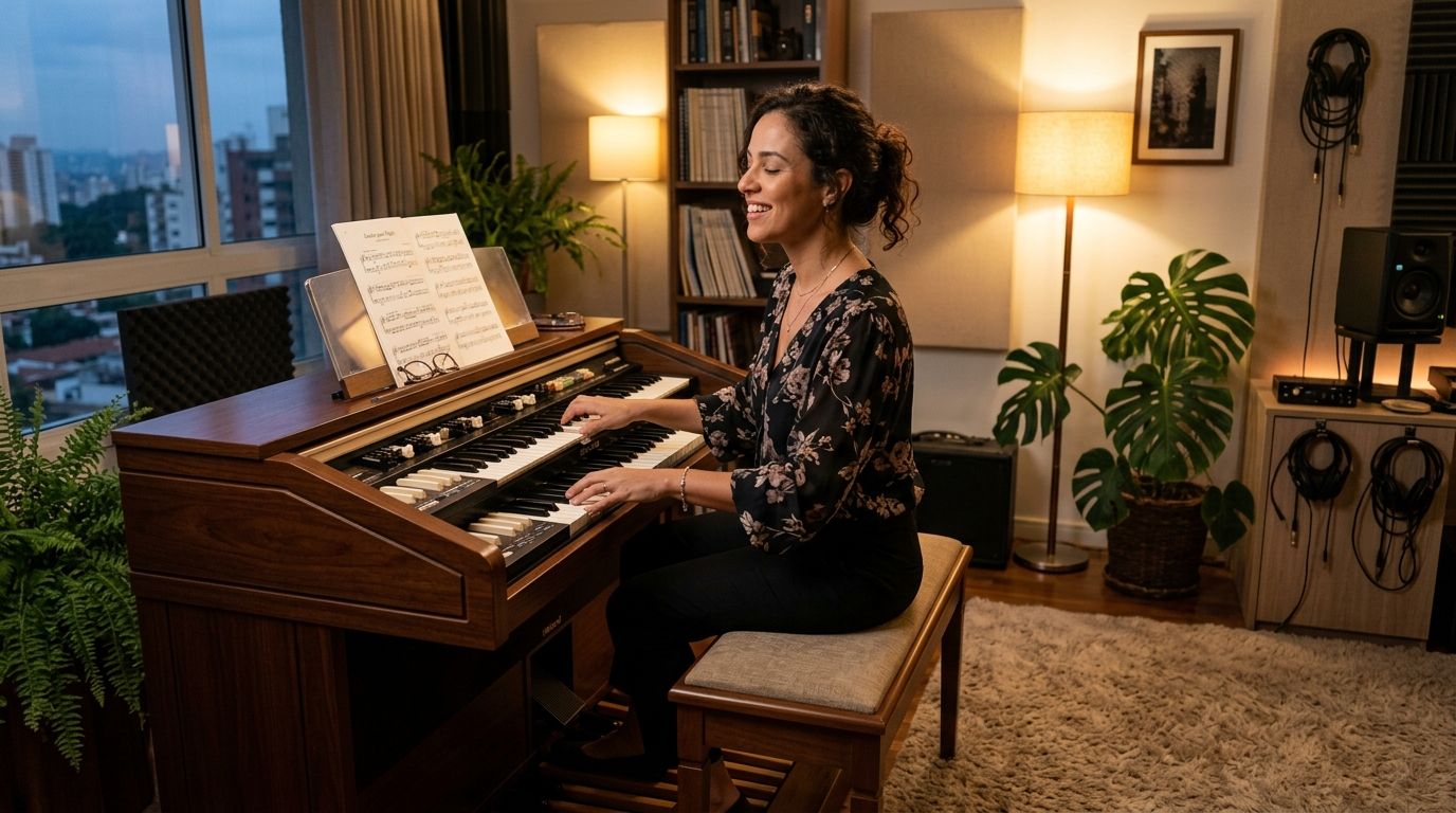 Organista sorrindo enquanto toca um órgão eletrônico em casa
